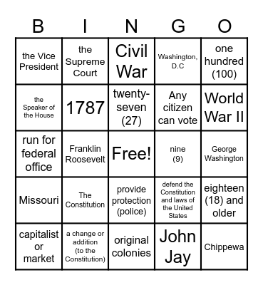 Newsflash! U.S. Citizenship Test Bingo Card