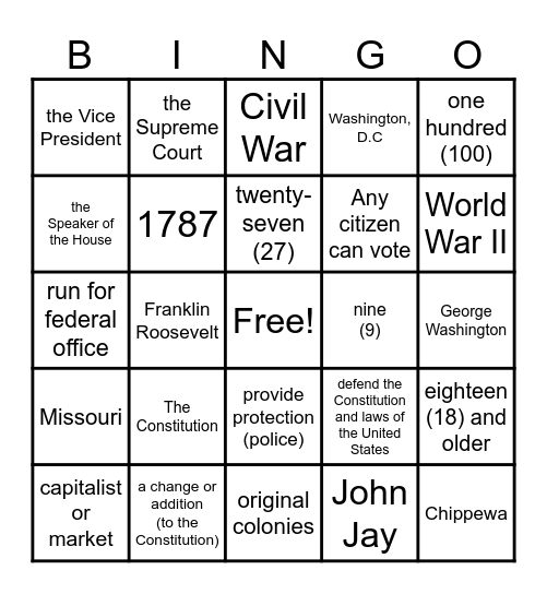 Newsflash! U.S. Citizenship Test Bingo Card