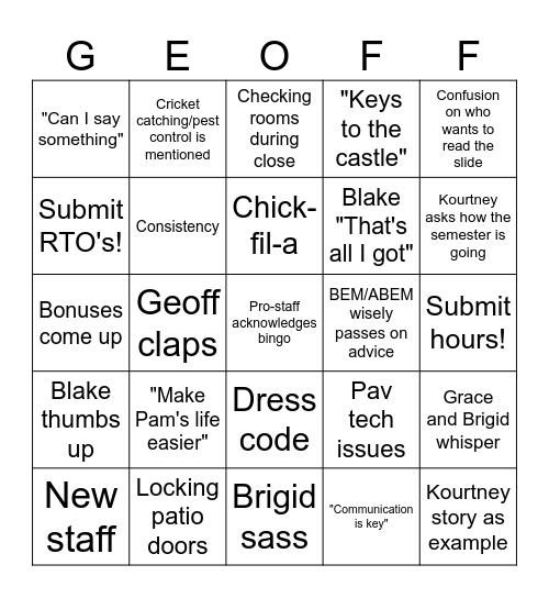 Armstrong Staff Meeting Bingo Card