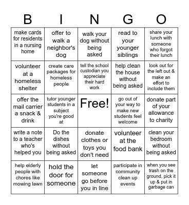 Generosity Bingo Card