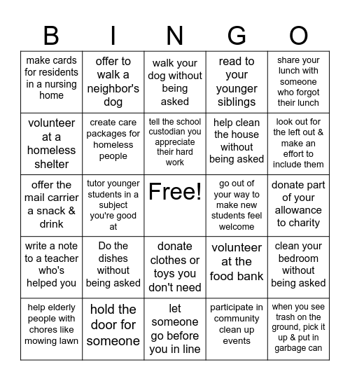 Generosity Bingo Card