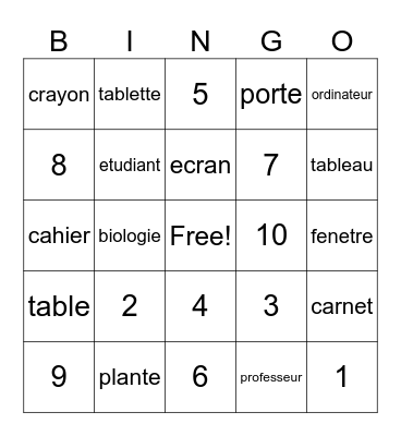 les objets dans la salle de classe Bingo Card