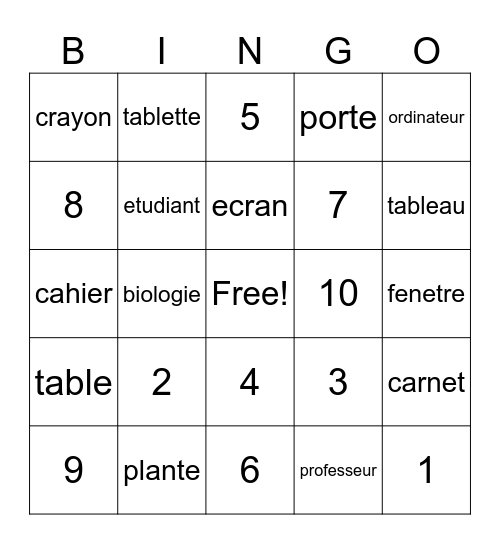 les objets dans la salle de classe Bingo Card