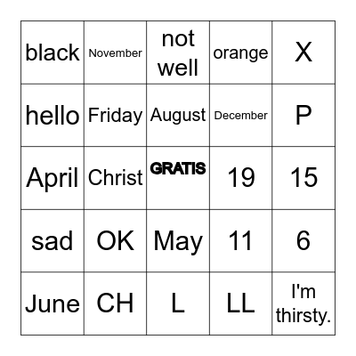 Quarter 1 Spanish Bingo Card