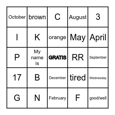 Spanish 1 Quarter Bingo Card