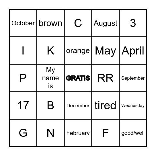 Spanish 1 Quarter Bingo Card