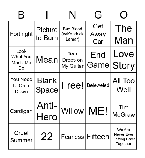 Music Bingo (Taylor's Version) Bingo Card