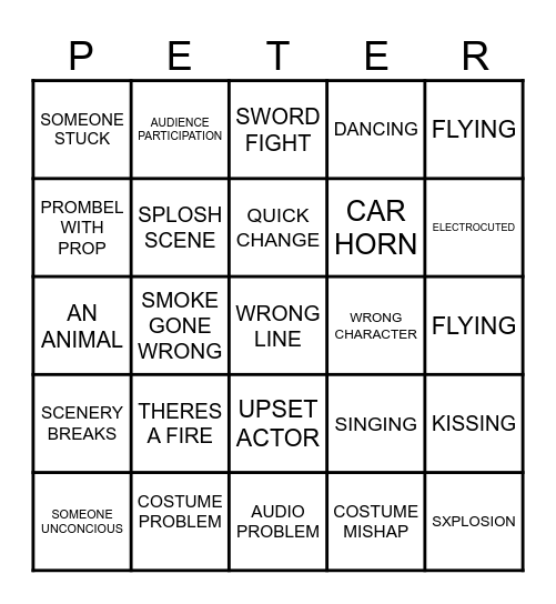 Peter Pan Goes Wrong Bingo Card