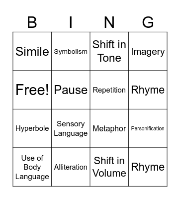 SLAM POETRY BINGO Card