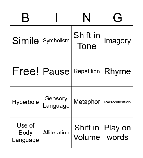 SLAM POETRY BINGO Card
