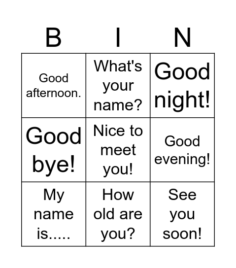Greetings Bingo Card
