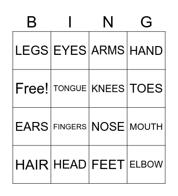 BODY PARTS Bingo Card