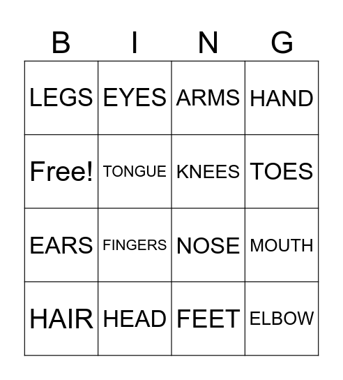 BODY PARTS Bingo Card