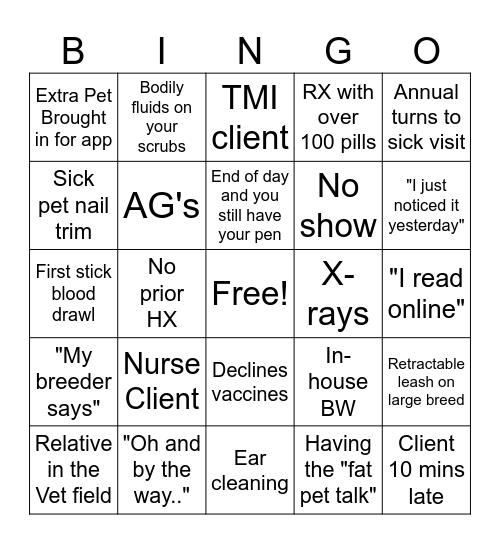 Veterinary Client Bingo Card