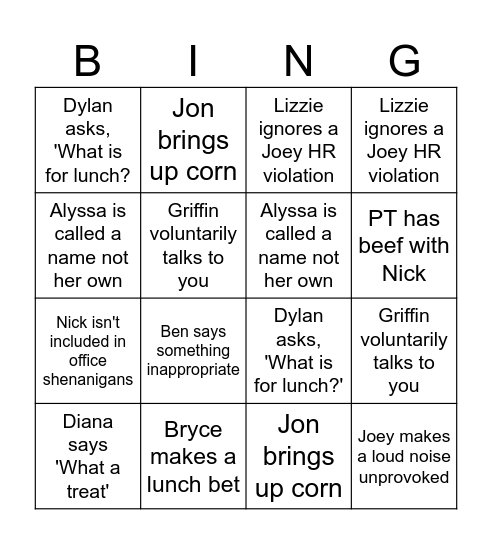Katie's Bingo Nonsense Bingo Card