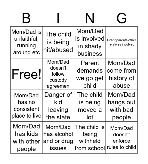 Child Custody Interference Bingo Card