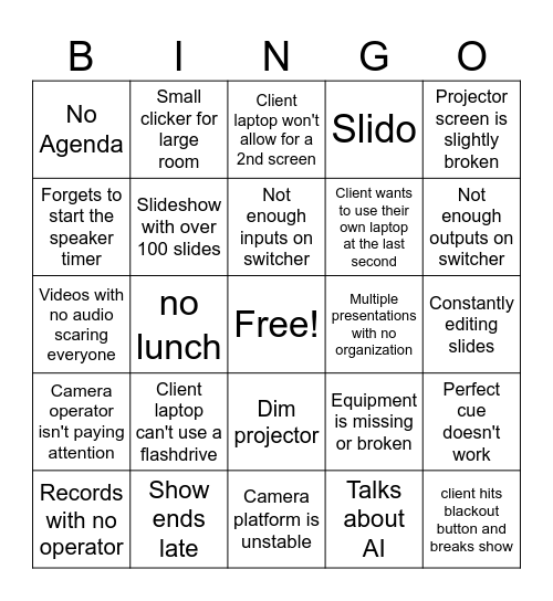 Video Operator Bingo Card