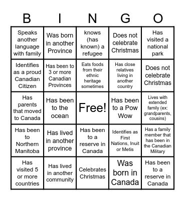 Multicultural Canadian Bingo Card