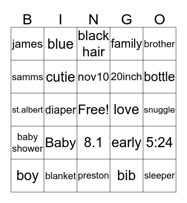 Baby Preston BINGO Card