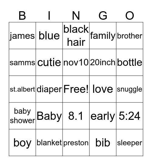 Baby Preston BINGO Card