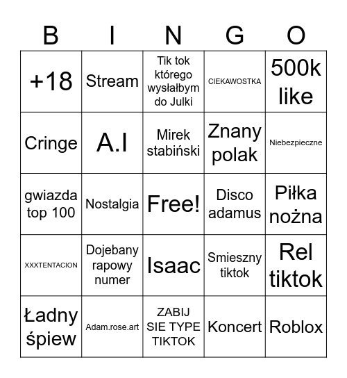 tiktok Bingo Card