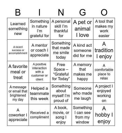 An Attitude of Gratitude Bingo! Bingo Card