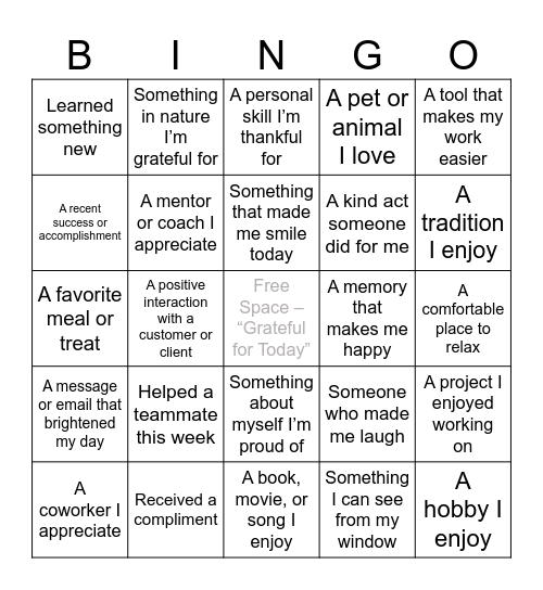 An Attitude of Gratitude Bingo Card