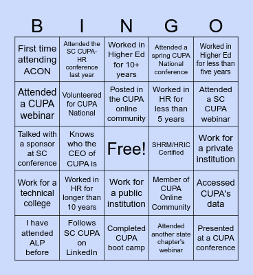 SC CUPA-HR ACON BINGO Card