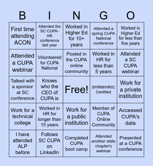 SC CUPA-HR ACON BINGO Card