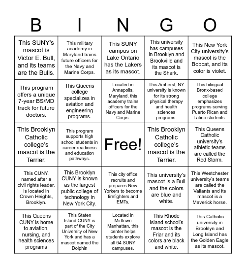 College Fair Scavenger Hunt Bingo Card