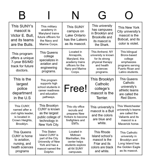 College Fair Scavenger Hunt Bingo Card