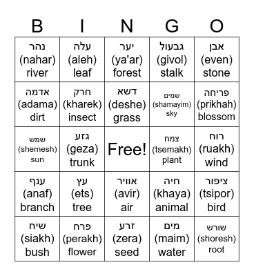 Hebrew Nature Bingo Card