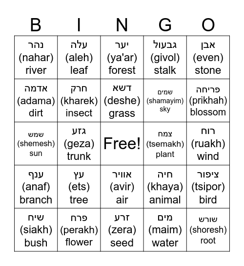 Hebrew Nature Bingo Card
