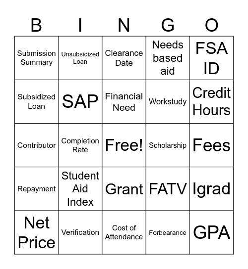 Financial Aid Bingo Card