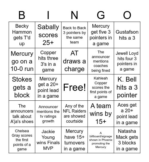 WNBA FINALS 2025 Bingo Card