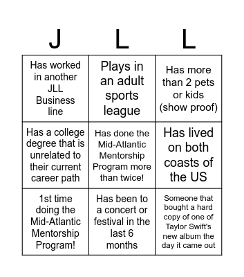 JLL Mentorship Bingo Card Bingo Card