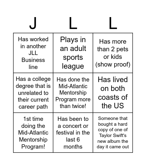 JLL Mentorship Bingo Card Bingo Card