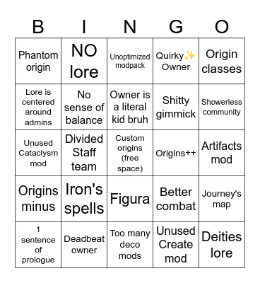2025 origins server bingo Card