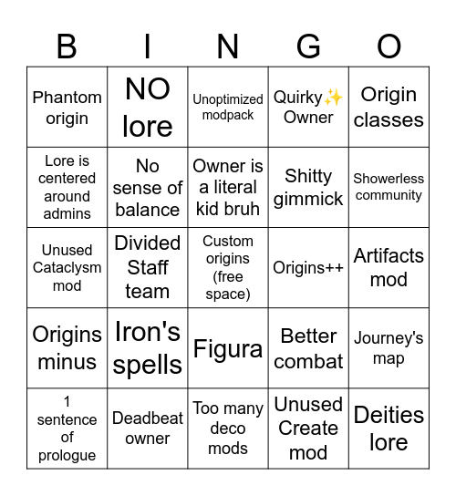 2025 origins server bingo Card
