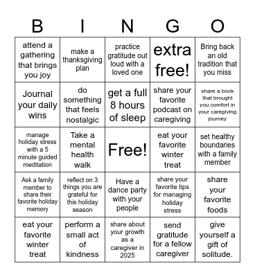 Caregiver  Bingo Card