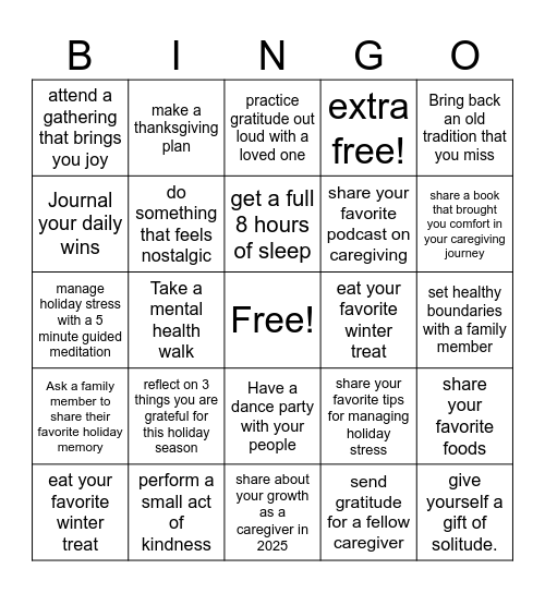 Caregiver  Bingo Card
