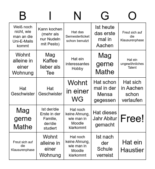Erstiwoche Bingo Card