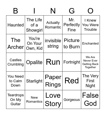 MESSY Craft Taylor Swift Bingo Card