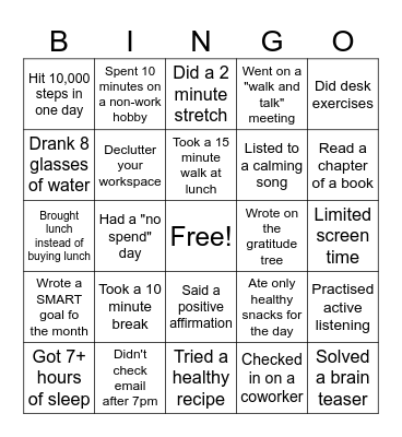 Wellness Bingo Card