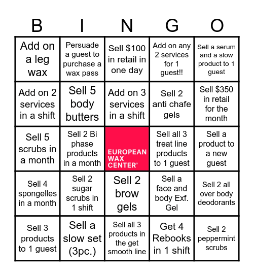 European Wax Center Bingo Card