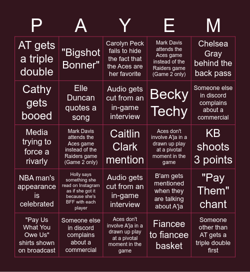 OOYL WNBA "PAY 'EM" BINGO Card