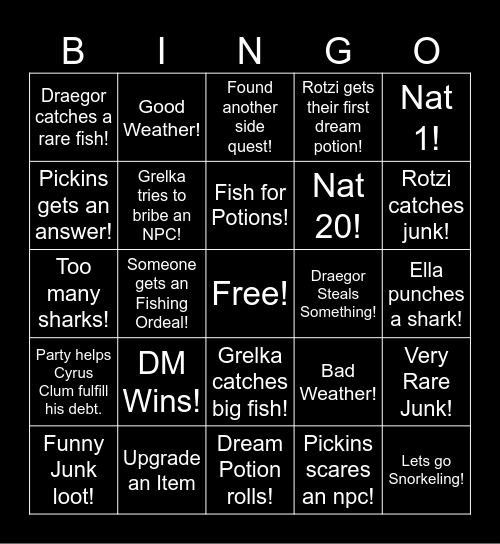 Fishing Dreams: Session 16 Bingo Card