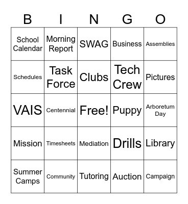 Announcements! Bingo Card