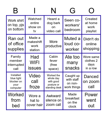 Work from Home Bingo Card