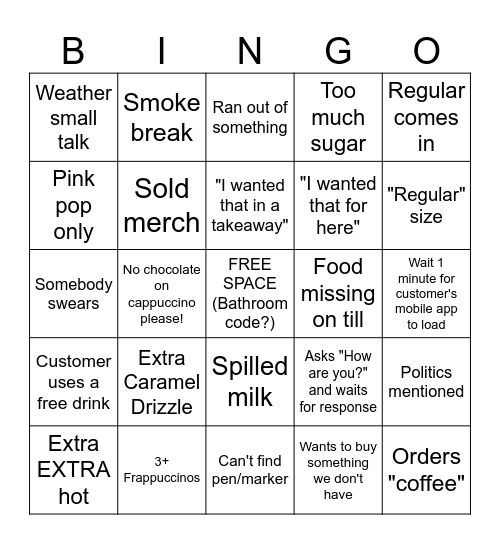 Starbucks Bingo Card